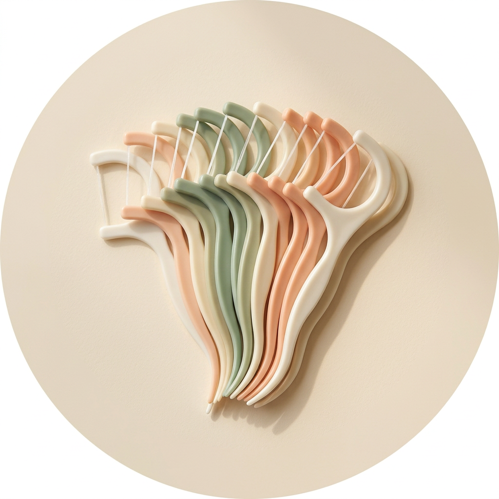 Ivory, sage and peach dental floss picks arranged together