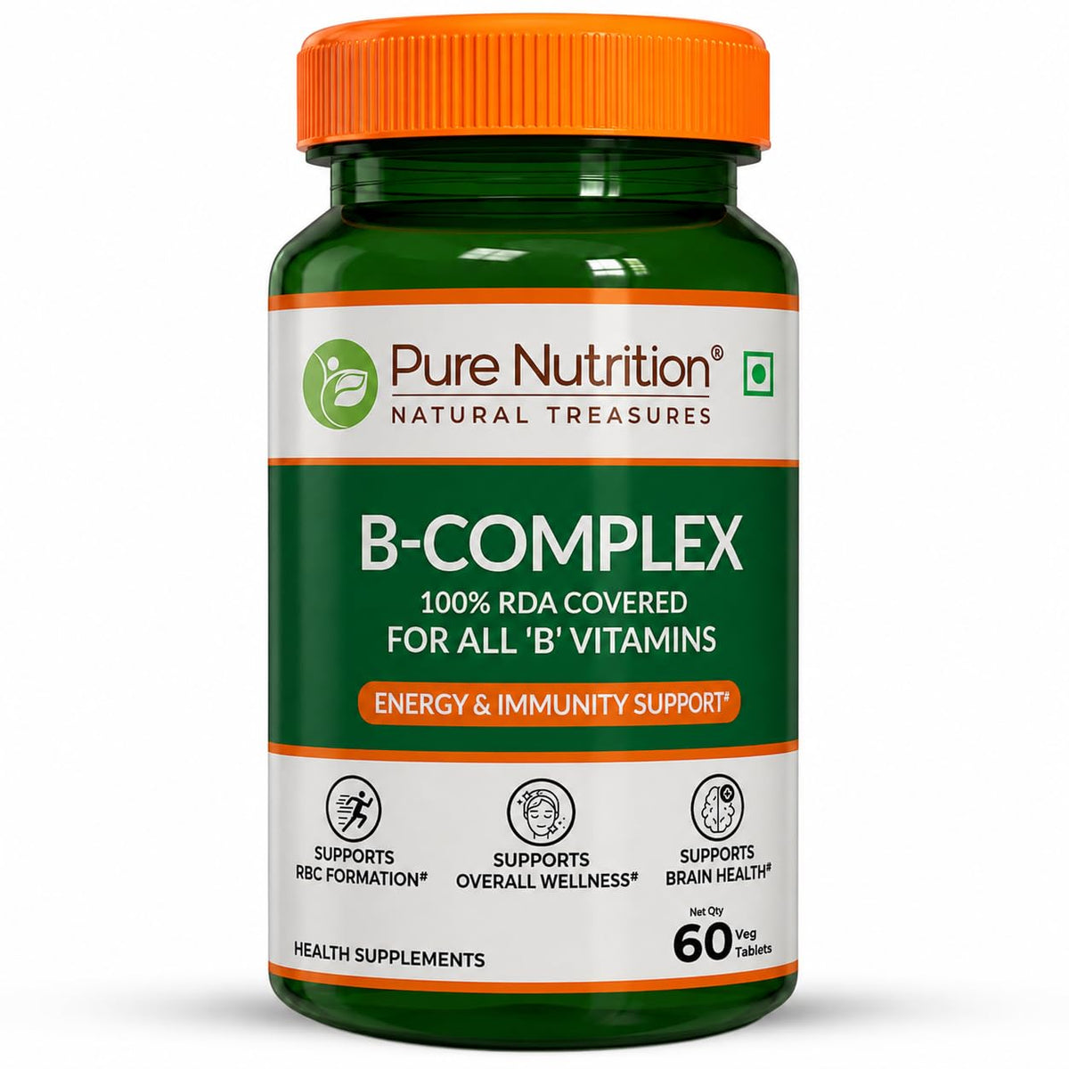 PURE NUTRITION B-COMPLEX  100% RDA COVERED FOR ALL 'B' VITAMINS 60 TABLETS