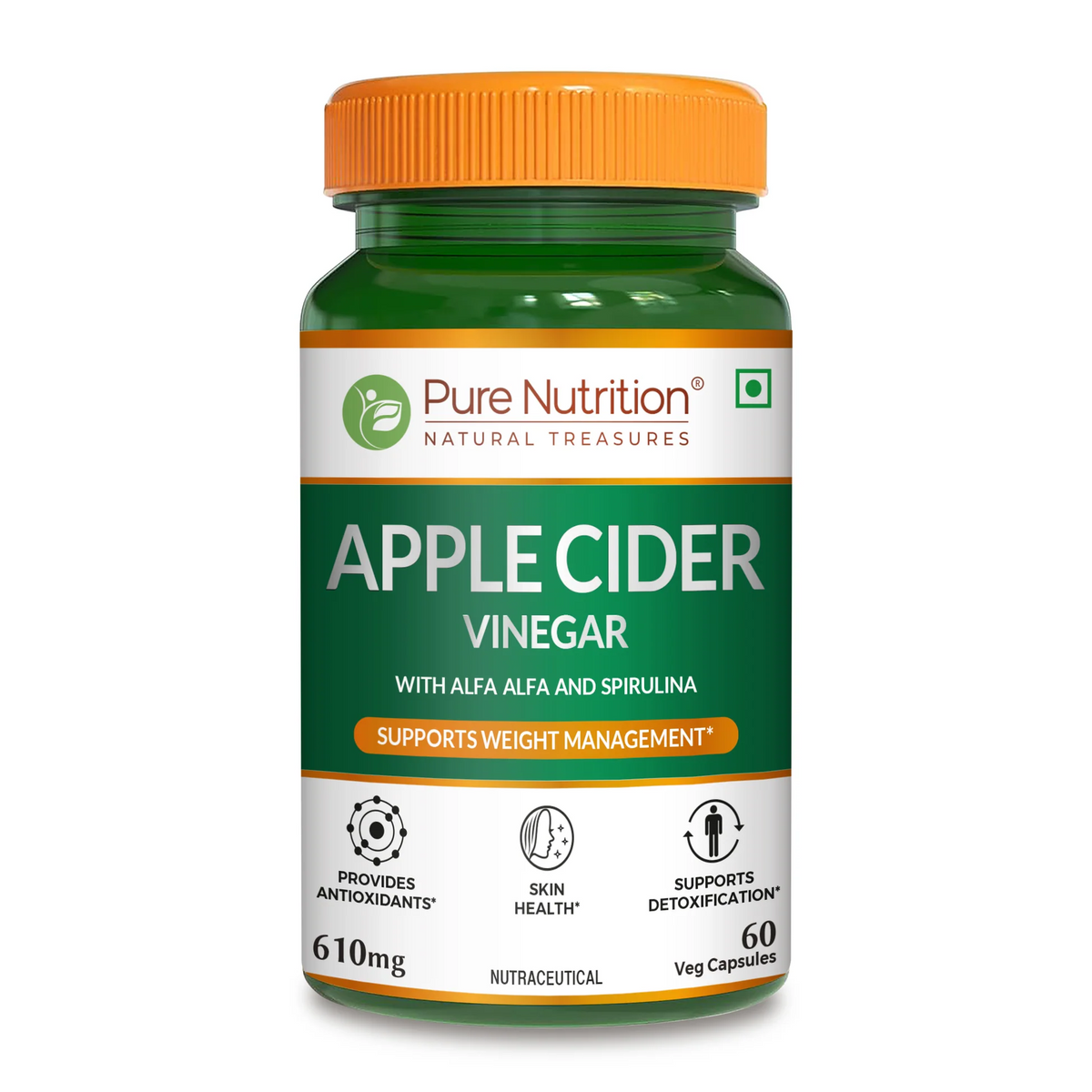 PURE NUTRITION APPLE CIDER VINEGAR (WITH ALFA ALFA AND SPIRULINA) 610MG 60 CAPSULES