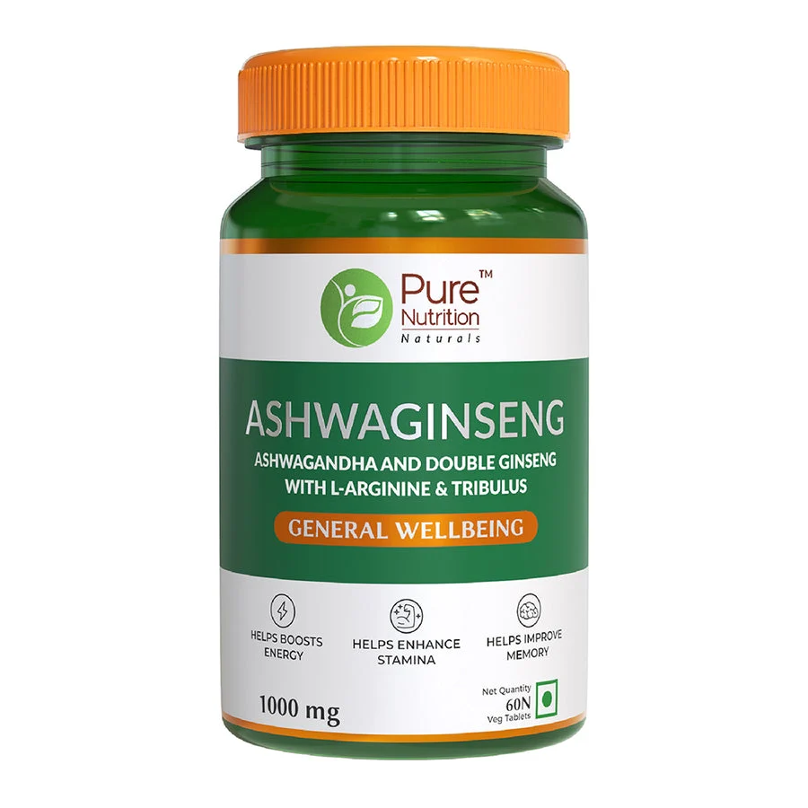 PURE NUTRITION ASHWAGINSENG (WITH ASHWAGANDHA  AND DOUBLE GINSENG WITH L-ARGININE & TRIBULUS) 1000MG 60 TABLETS