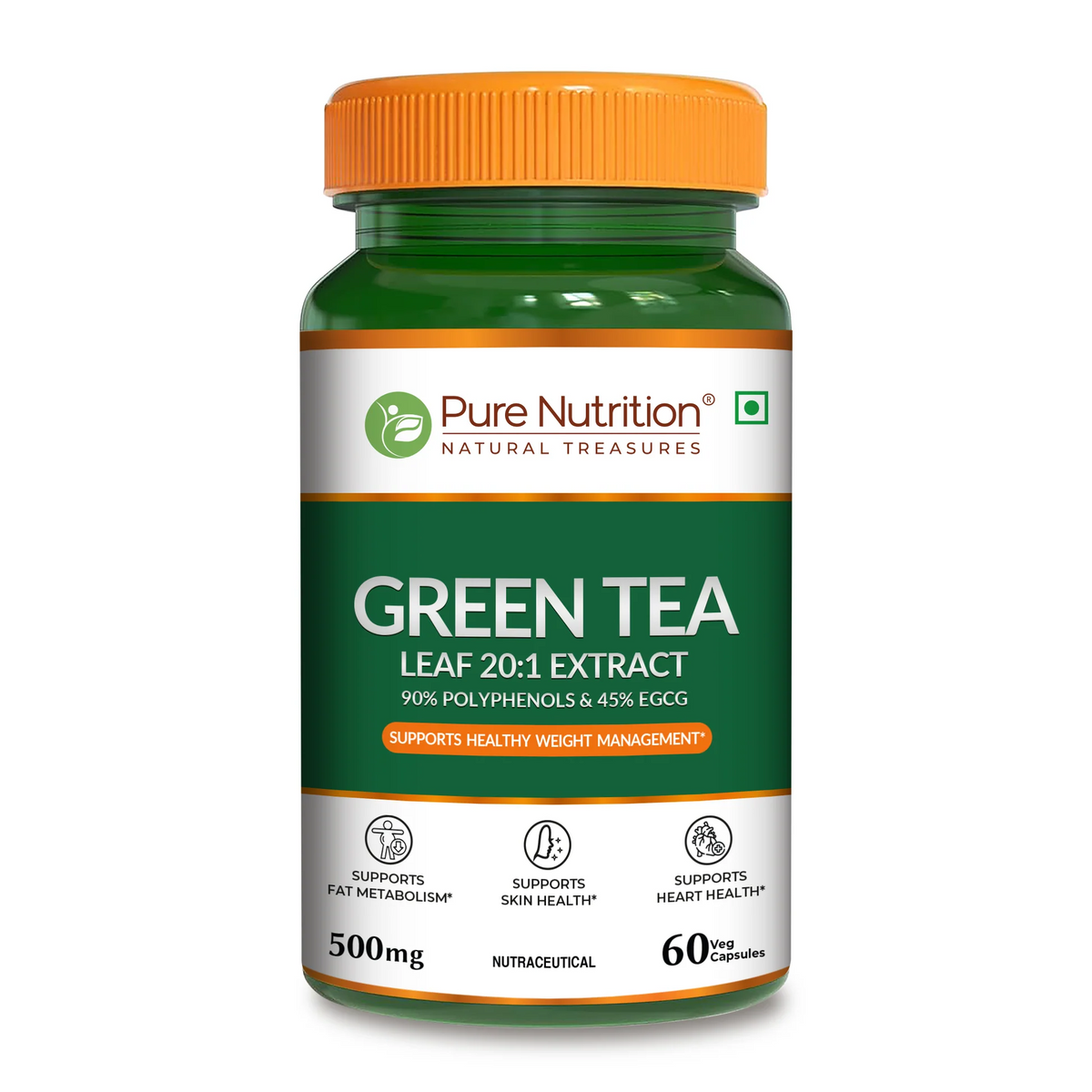 PURE NUTRITION GREEN TEA LEAF 20:1 EXTRACT (90% POLYPHENOLS & 45% EGCG) 500MG 60 CAPSULES