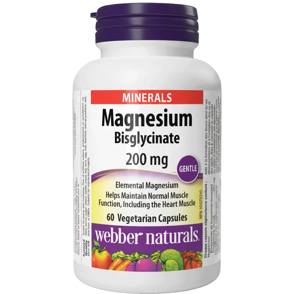 Webber Naturals Magnesium Bisglycinate 200mg bottle centred on a square white background