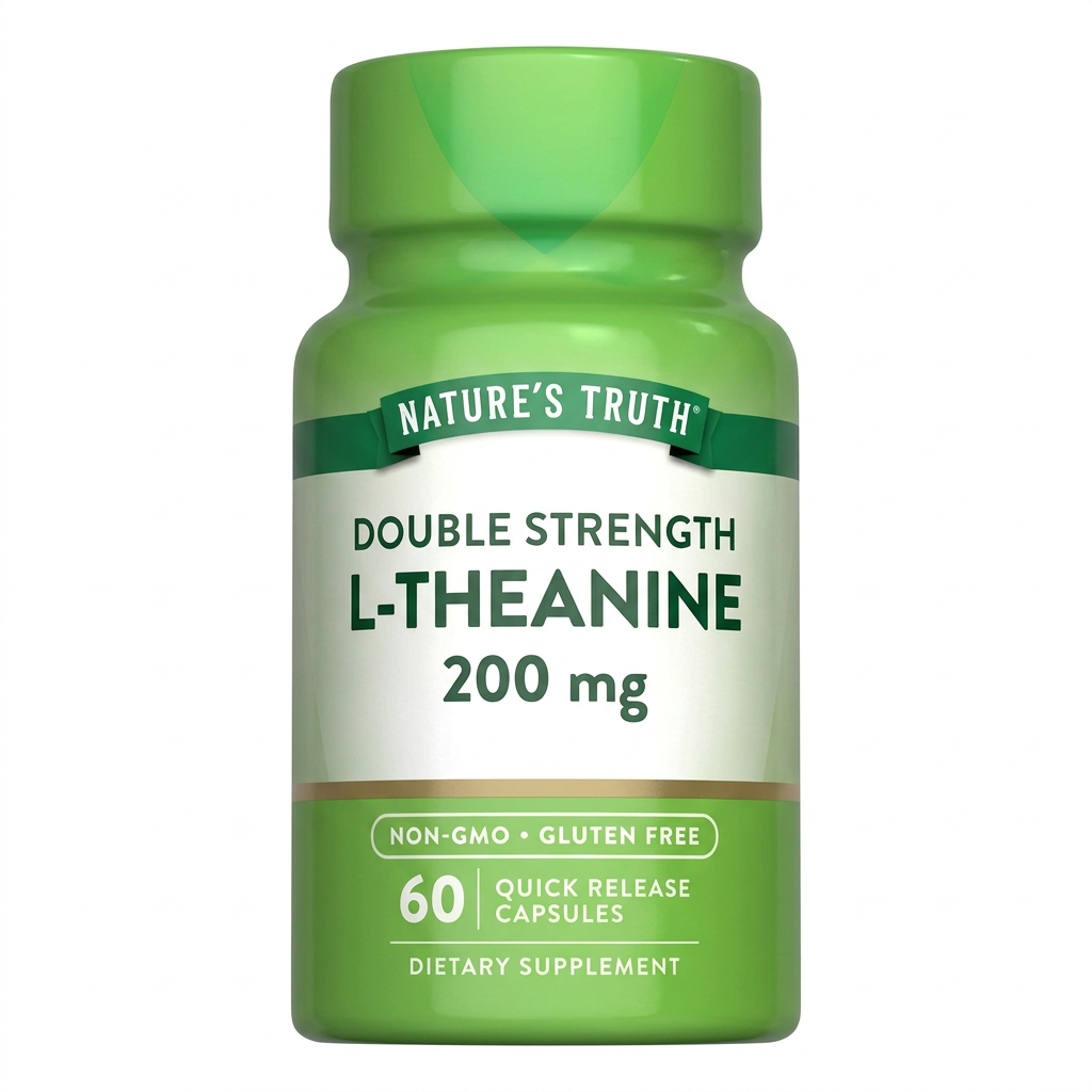 Nature's Truth Double Strength L-Theanine 200mg 60 capsules, centered on white