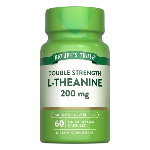 Nature's Truth Double Strength L-Theanine 200mg 60 capsules, centered on white